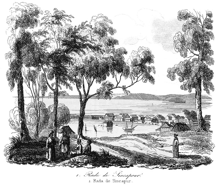 Rade de Singapour vers 1827 - gravure reproduite et restaurée numériquement par © Norbert Pousseur