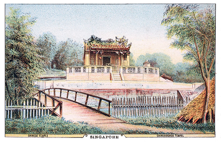 Temple chinois à Singapour en 1885 - gravure reproduite et restaurée numériquement par © Norbert Pousseur