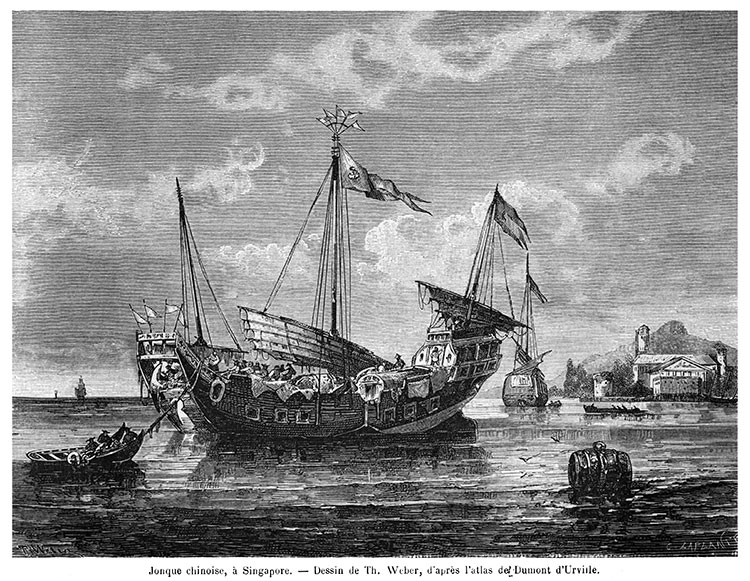Jonque chinoise à Singapour vers 1860 - gravure reproduite et restaurée numériquement par © Norbert Pousseur