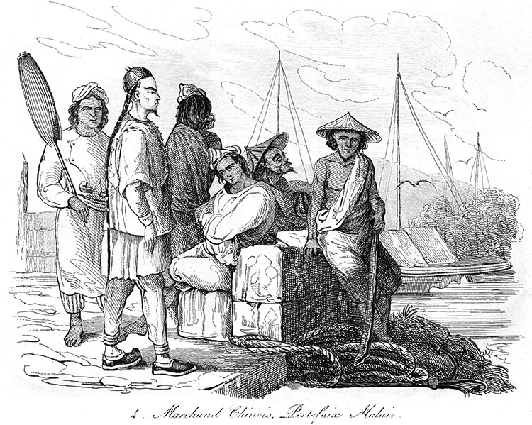 Chinois et malais de Singapour vers 1832 - gravure reproduite et restaurée numériquement par © Norbert Pousseur