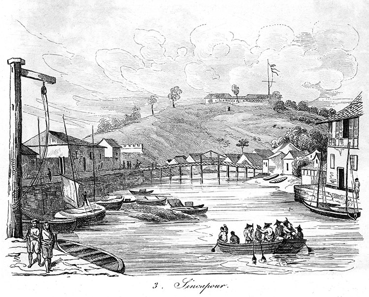 Un coin du port de Singapour vers 1832 - gravure reproduite et restaurée numériquement par © Norbert Pousseur