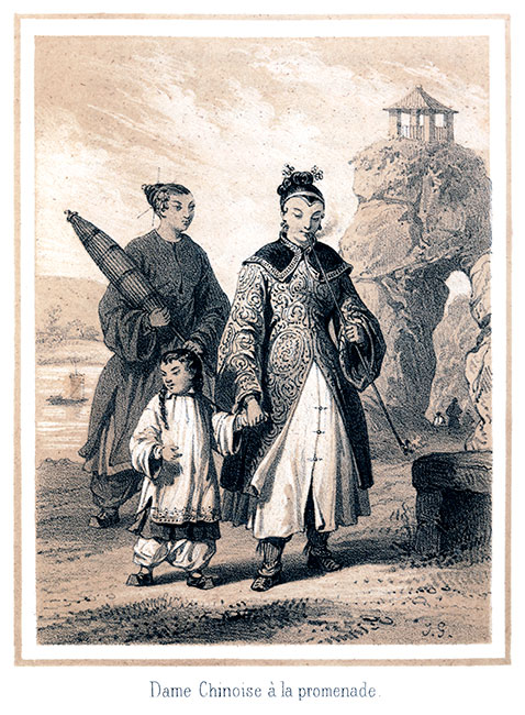 Mère chinoise et son enfant, se promenant - Gravure bistre de 1850, reproduite puis restaurée par  © Norbert Pousseur