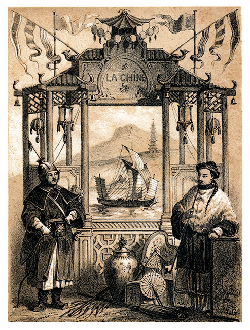 Représentation symbolique de la Chine vers 1850 - Gravure bistre, reproduite puis restaurée par  © Norbert Pousseur