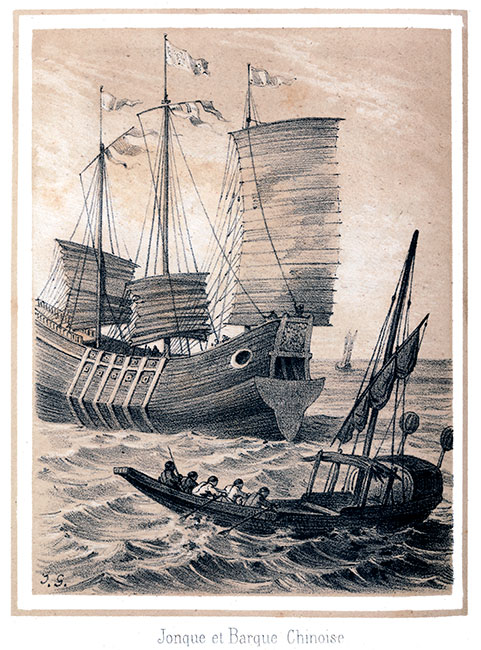 Jonque et barque chinoise - Gravure bistre de 1850, reproduite puis restaurée par  © Norbert Pousseur