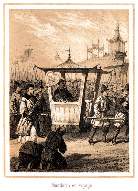 Mandarin en voyage en Chine dans son palanquin - Gravure bistre de 1850, reproduite puis restaurée par  © Norbert Pousseur