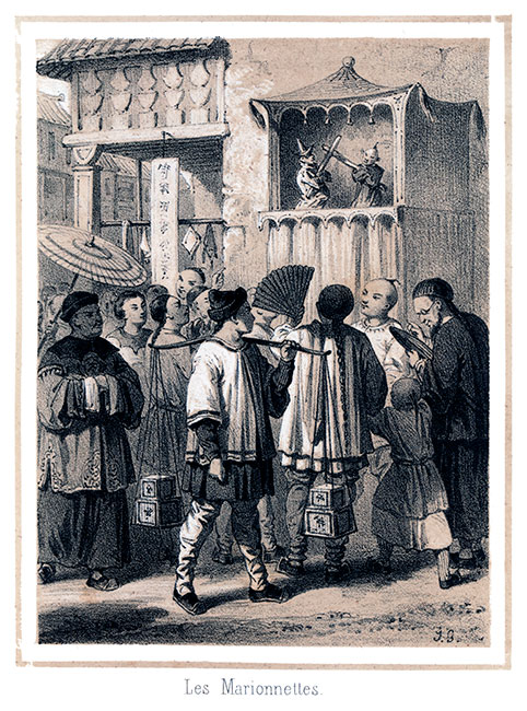 Spectacle de marionettes dans une rue chinoise - Gravure bistre de 1850, reproduite puis restaurée par  © Norbert Pousseur