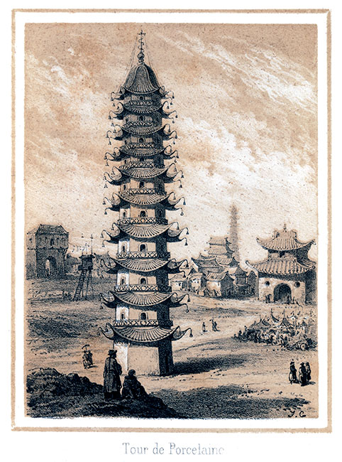En chine, tour de Porcelaine' - Gravure bistre de 1850, reproduite puis restaurée par  © Norbert Pousseur