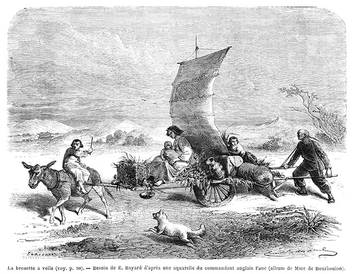 En Chine, famille en voyage en brouette à voile - gravure vers 1860  reproduite puis restaurée par  © Norbert Pousseur