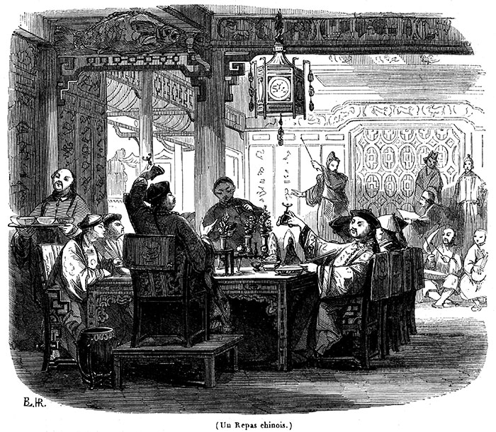 Un repas chez un potentat chinois - Gravure de 1844 reproduite puis restaurée par  © Norbert Pousseur