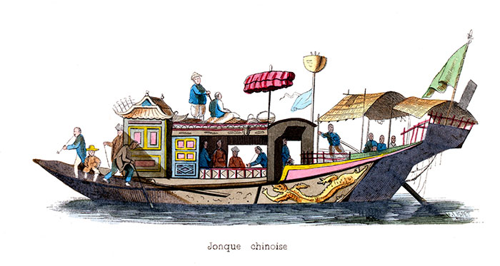 Jonque chinoise à rames  - Gravure  de 1845 reproduite puis restaurée par © Norbert Pousseur