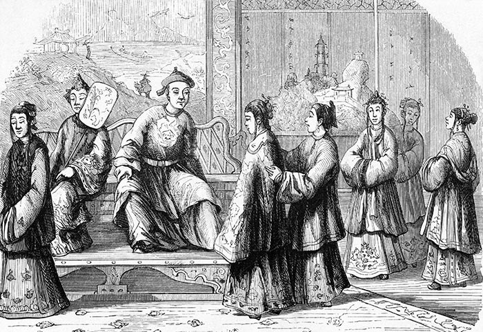 Choix d'une seconde épouse chinoise - Gravure de 1840 reproduite puis restaurée par  © Norbert Pousseur